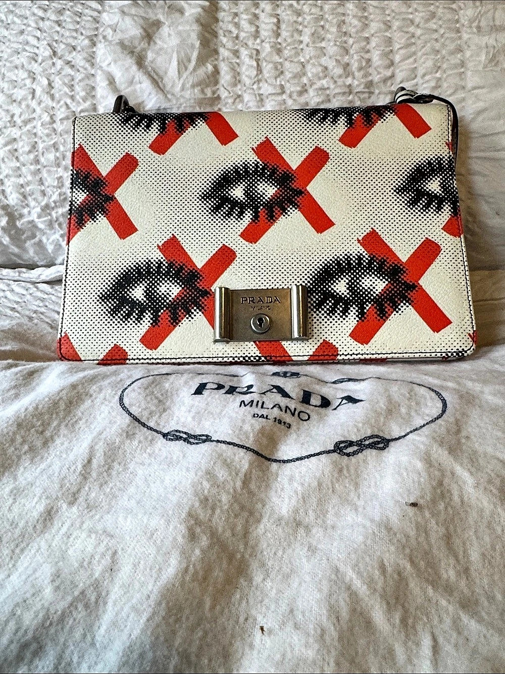 Prada Eyes Inside Chain Bag Vitello Daino White & Red